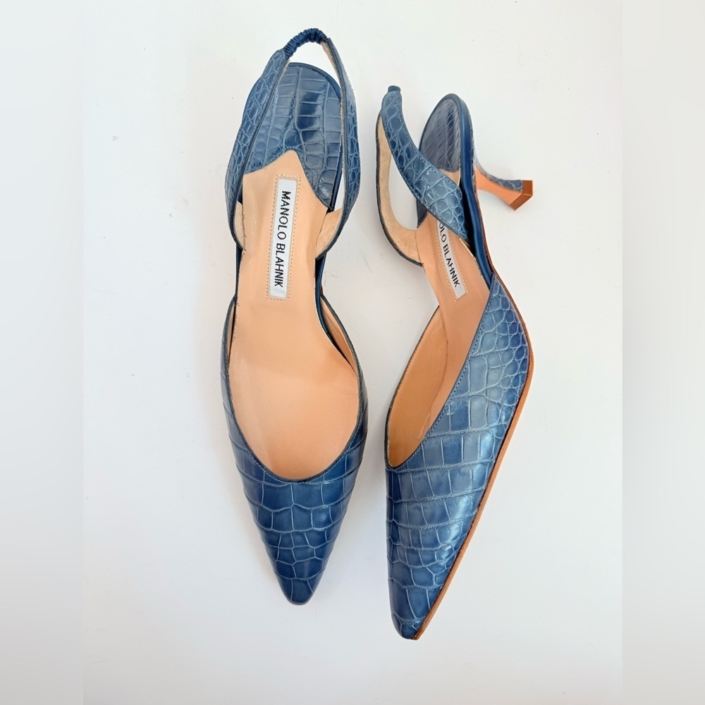 Manolo Blahnik Vintage Dark Blue Alligator Leather Carolyn slingback pumps EU 41